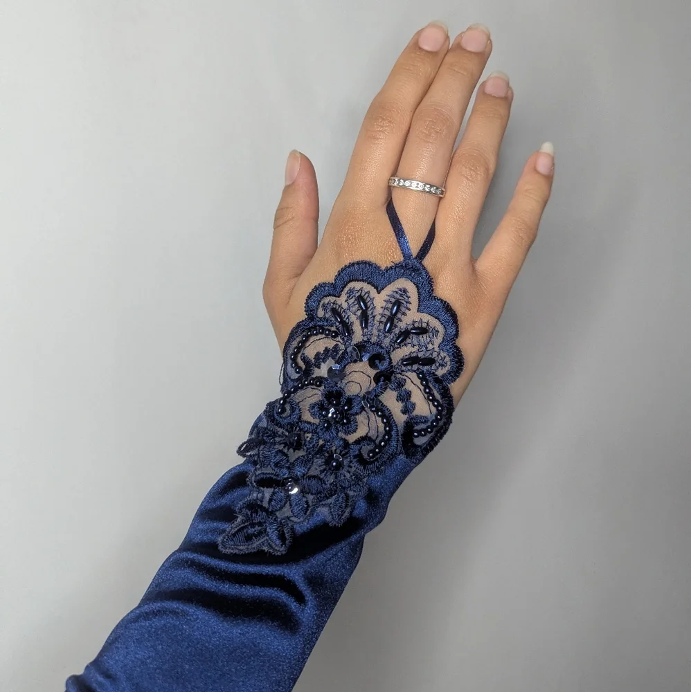 New Womens Navy Blue Satin Beaded Embroidered Fingerless Gloves One Size